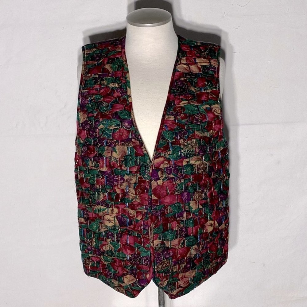 Vintage Handmade Woven Festive Print Vest with Purple Satin Back L - Picture 7 of 11